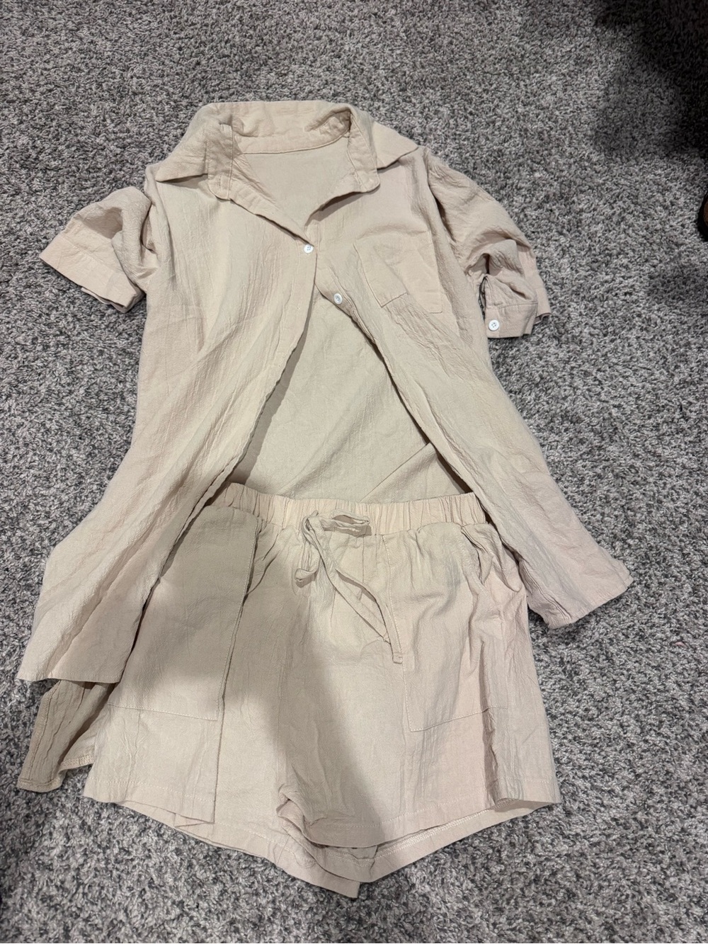 Beige Lightweight Linen-Blend Shirt Jacket and Shorts Set